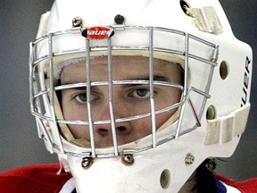Kingston Voyageurs goalie Charlie Finn keeps his eyes on the puck during a 3-0 shutout win over the Pickering Panthers at the Invista Centre on Sunday afternoon. (Ian MacAlpine The Whig-Standard)