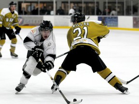 Terry Farrell/Daily Herald-Tribune
Kings forward Nolan Trudeau dipsy-doodles around the attempted hip check from Navigators defenceman Hunter Millar. The Grande Prairie Kings defeated the North Peace Navigators 8-7 in a shootout in NWJHL play Saturday.