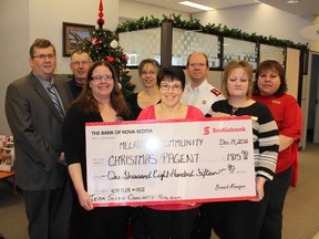 he Melfort ScotiaBank donated to the Melfort community Christmas pageant and Stuart Eisner’s Santa’s Helpers; back (L to R) Larry Falk, Stan Rhyorchuk, Kim Hemstead-Falk, Major Mike Hoeft and Renee Thorlakson; front (L to R) Tara Muntain, Dione Taylor and Diane Garstin.