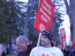 Local members of the Elementary Teachers Federation of Ontario and their supporters mounted a large picket line in front of Waterford District High School Tuesday morning. Randy Ongena, a teacher at Delhi Public School, was among those expressing their displeasure with the McGuinty government’s Bill 115, legislation that would eliminate teachers unions’ right to strike while empowering the province to impose contract terms. (MONTE SONNENBERG Delhi News-Record)