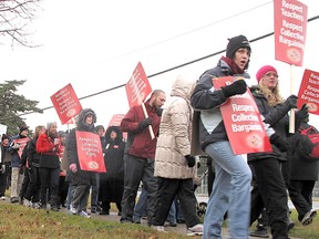 Teachers with the Lambton Kent District School Board participate in a one-day strike in Chatham, Ont. on Tuesay, Dec. 18, 2012, to protest Bill 115, which has imposed a wage freeze and cuts to sick days without going through the collective bargaining process.
ELLWOOD SHREVE