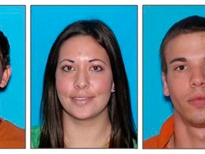 Dylan Dougherty Stanley, Lee Grace E. Dougherty, and Ryan Edward Dougherty (L-R) are pictured in this combination image of law enforcement photographs.