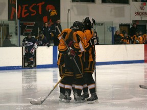 The Fairview Campbell Cruisers Midget Girls celebrate a goal during a game against Manning on Saturday, Dec. 15, 2012, at the Fairplex. The Cruisers won the game 4 - 1. (Simon Arseneau/Fairview Post)