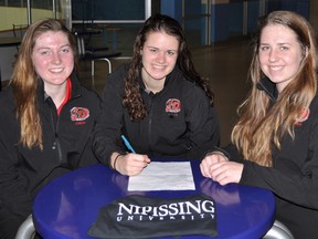 Nipissing University women's hockey coach Darren Turcotte announced Tuesday that Mariah Fell, of Sault Ste Marie, Stacie Vink, of Kirkton, and Molly Sipprell, of London, will attend Nipissing in the fall of 2013, in time for the Lady Laker's  inaugural season in OUA league play. 
THE NUGGET/QMI AGENCY