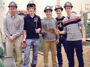 Five students from Seaway District High School were given the opportunity to get hands on experience installing a laminate floor in a real home that is being renovated for the “All For Nothing” program on the W Network. From left are Henry Looyen, construction teacher, Kris Alexander, Nash Nesbitt, Evan Mullin and Riley Barry. Absent from the photo is Toby Mullin.
Submitted photo