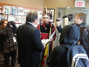 HUGO RODRIGUES, The Expositor

Brant MP Phil McColeman greets native protesters taking part in the Idle No More movement at his constituency office on St. George Street.