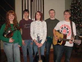 The Spirit of Giving concert will be held at the Waterford United Church on Dec. 21 at 7:30 p.m. The concert will feature eight local musicians including, from left to right, Dana Snow, 16, Justin DuBois, 16, Jessica Rayner, 15, Wasey Schell, 18, and Reg Marr, 18. (SARAH DOKTOR Simcoe Reformer)