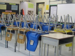 Classrooms throughout the Rainbow District School Board sat empty on Monday as teachers took a day of action against Bill 115.  Here is a classroom at S. Geiger Public School in Massey.  
Photo by Leslie Knibbs/Mid-North Monitor/QMI Agency