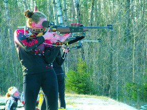 Katie Lockhart firing at targets at a November training session held at Falcon Lake’s biathlon course.
SCOTT LOCKHART/For the Daily Miner and News