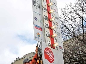 MIKE BEITZ The Beacon Herald
Festival Hydro lineman Ryan Green lights up another bulb on the United Way Perth-Huron thermometer Tuesday to signify that the organization has reached the 65% mark of its fundraising campaign.