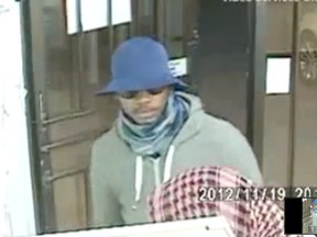 A screen grab of one of the three men sought in a frightening Bayview and Sheppard Aves. cellphone store robbery Nov. 19, 2012.