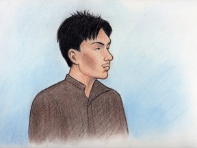 Courtroom sketch of Keith Ru, who appeared in Ottawa court on Friday, Dec. 7, 2012. He is charged with second degree murder in the death of his roommate Jai Le Zhao on Thursday, Dec. 6, 2012.
Courtroom sketch by Laurie Foster-MacLeod.
OTTAWA SUN/QMI AGENCY