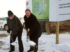 Kirkland Lake Mayor Bill Enouy and Nipissing-Timiskaming MP Jay Aspin broke the ground Wednesday for a new $35 million wastewater treatment facility which is slated to open in 2014.