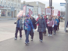Teachers walk off the job Wednesday in protest against Bill 115. The picket lines received honks of support from passing cars as teachers marched throughout Port Elgin's downtown core.