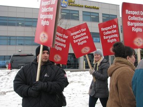 Teachers protest outside Sault Ste. Marie MPP David Orazietti's office on Wednesday, Dec. 19, 2012.
