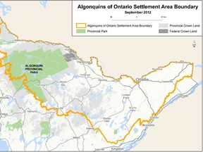 The Algonquin land claim includes an area in eastern Ontario south of the Ottawa and Mattawa Rivers. (Ministry of Aboriginal Affairs website)