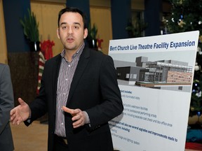 Wild Rose MP Blake Richards announces $500,000 funding for the Bert Church Theatre expansion in Airdrie Friday night. 
JAMES EMERY/AIRDRIE ECHO