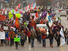 Hundreds of native protesters walk towards the CN underpass north of Horton Street as the Idle No More protest headed towards the forks of the Thames Wednesday Dec 19. 2012.  MIKE HENSEN/The London Free Press/QMI AGENCY