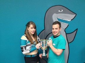 Morgan O'Dwyer of Port Dover and Jeff Browne of Simcoe are members of the Cheer Sport California Sharks, a squad that recently won the UONCC Open National Cheerleading Championship. (Contributed Photo)