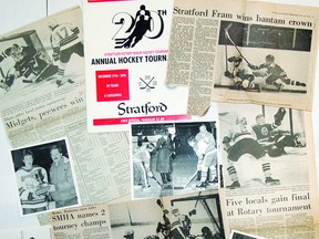 Just a few of the Beacon Herald clippings and photos of the Stratford Rotary Minor Hockey Tournament over the years. The bantams' win (top right) in 1975 saw future junior B stars Paul Barton, Ken Chisholm and Scott Skinner score goals for Stratford.