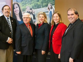 (L-R) USWinternational president Leo Gerard, Minister of Northern Development and Mines Rick Bartolucci, Sudbury Mayor Marianne Matichuk, Dr. Tammy Eger, associate professor at the school of human kinetics and Laurentian University President Dominique Giroux pose after a funding annoucement toward a research chair in occupational health and safety.