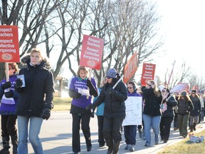 Participants of the Upper Canada school board's Elementary Teachers' Federation of Ontario (ETFO) union sang Christmas carols with a Bill 115 twist during Thursday's one day walkout. (ALANAH DUFFY The Recorder and Times)