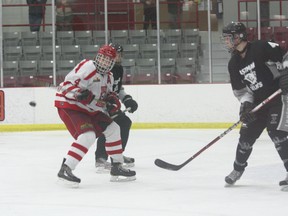Kenora Midget Thistles maintained their streak of 12 wins, an an overtime loss in Manitoba Midget AAA Hockey League through December and January with a 2-1 win over Yellowhead Chiefs Jan. 19, 2013.
FILE PHOTO/Daily Miner and News