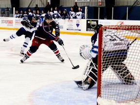 After a nail biting and action-packed game, the Winterhawks banged out a 7-6 win against the Elora Rocks. Prior to the game, all those in attendance took a moment of silence for the Connecticut Shooting. Pictured: Winterhawks #18, Steve Shields back-checking hard to stop Elora’s player from getting a goal.