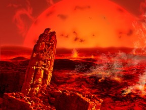 A red giant sun scorches the earth five billion years from now. The artist’s depiction includes a Mayan stele.
space art network