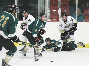 The Barons (white) again racked up the penalties in their second of two back-to-back- games against the Athabasca Aces on Friday, Dec. 14. This time however their penalty kill couldn’t save them, losing 5-4.