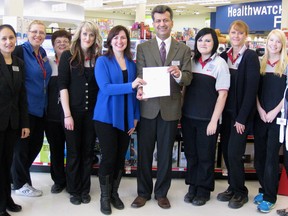 Pictured from left to right is Kelly with the Shoppers Drug Mart Port Elgin team: Arshi, Sandra, Charlene, Sarah Zafar Khan, Megan, Lisa, Carley and Tawnee.