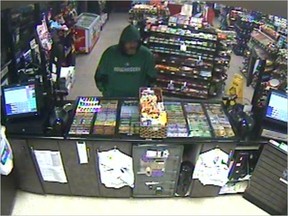 A suspect in a convenience store robbery  was caught on videotape.