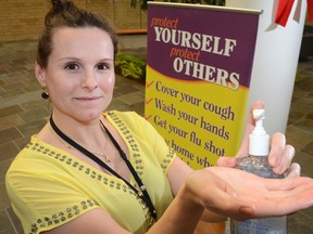 Amanda McManaman, a public health nurse at the Grey Bruce Health Unit, shows how to properly sanitize your hands.