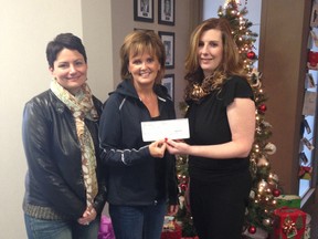 Submitted Photo

Paula Dorsey Turkiewicz (centre), president of the Dorsey Group, presents a $15,000 cheque to Jennifer Bosagri (left) and Sandra Larose of the Brant Skating Club. The donation will enable the club to stage its annual Flashing Blades show next year.