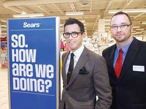 MIKE BEITZ The Beacon Herald
Sears Canada president and CEO Calvin McDonald, left, visited the Stratford Sears store Thursday with general manager Dean Peckham as part of a cross-Canada tour to share with associates his plan for revitalizing the company.