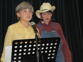 MCs Pa and Ma (also known as Jorja Werenka and Sheldon Dewsnap) provide colourful commentary for the Sangudo Community School Holiday Hoedown on Wednesday, Dec. 19.