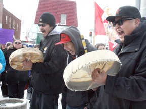 In this file photo, singers and drummers led a short demonstration against federal legislation First Nations say infringe on their treaty rights.
JON THOMPSON/Postmedia Network