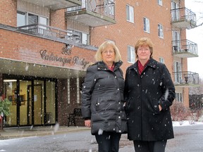 Tammy Onyskiw (left) and Kathy Szabadka are among several tenants who are frustrated with an elevator in their apartment on The Parkway that has been out of service for nearly a month. Tenants who are elderly or disabled not been able to leave their apartment for weeks.
Danielle VandenBrink/The Whig-Standard