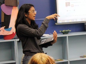 Isha Datar, a biotechnologist, speaks with Westlawn junior high students on Dec. 19 about the possibilities of in vitro meat production. 
DALE BOYD Special to the Examiner
