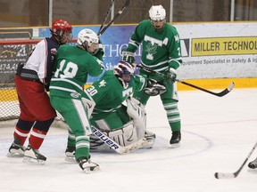 Widdifield Wildcat captain Kaleb Carnevale (17) shoots for his second goal Wednesday to tie the West Ferris Trojans 2-2 with half a minute remaining in the third period.