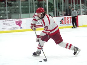 Thistles veteran Brent Aiken uncorks a shot on goal in the first period of a 5-3 win over the Interlake Lightening Saturday. Aiken potted two goals in the win.