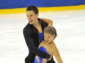 Local pairs skaters, Michael Marinaro 19 of Sarnia, Ont. and Margaret Purdy, 16 of Strathroy, Ont., had a golden year, winning gold twice on the junior Grand Prix circuit. They're pictured here at the ISU Junior Grand Prix Volvo Cup in Riga, Latvia in September 2011. SUBMITTED PHOTO/ THE OBSERVER/ QMI AGENCY