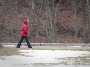 A woman wearing a winter coat strolls past a patch of snow in Springbank Park in London. CRAIG GLOVER The London Free Press / QMI AGENCY