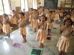 Elementary school students at Sarada Vidyalayam sing a song. Since the school's opening 20 years ago, there has not been a single dropout or child marriage -- an uncommon feat in India.