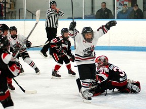 Cambridge Hawks' Colton Schmidt celebrates after scoring a goal against the Brantford 99ers in novice MD action during the Wayne Gretzky International Hockey Tournament. DARRYL G. SMART/ The Expositor/ QMI Agency