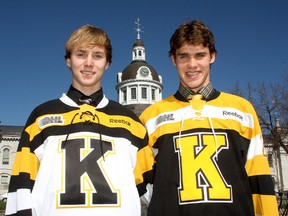 Kingston Frontenacs first-round draft pics Sam Bennett (left), selected ninth overall, and Roland McKeown, drafted second overall, model the team's new jerseys in front of City Hall following the OHL draft on April 7. (Ian MacAlpine/The Whig-Standard)