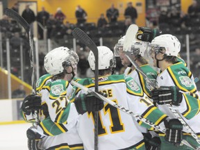 Members of the Portage Terriers celebrate a goal last week. (Kevin Hirschfield/PORTAGE DAILY GRAPHIC/QMI AGENCY)
