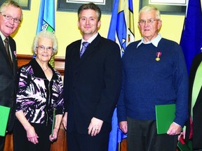 Wetaskiwin MP Blaine Calkins, middle, poses with the most recent recipients of the Queen’s Jubilee Medal. Pictured with Calkins are: former mayor Don Montgomery, Millet’s Jean Scott, Mulhurst Bay resident John Arthur Trace and Wetaskiwin & District Amateur Football Association president Blaine Fuller. The foursome were presented their medals at a special ceremony held at Wetaskiwin’s City Hall Dec. 20. They’ve been added to a lengthy list of recipients who were awarded medals over the past several months.