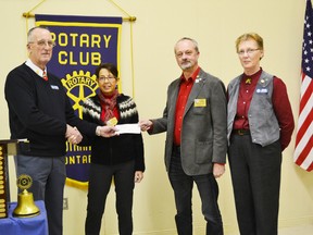 Pictured (in no particular order) Members of the 45th Parallel Run for Polio committee, Michael and Andrea LaBlance present a cheque for $1,400 to District Polio Chair, Gay Ratcliffe and District Assistant Governor Tony Sheard.