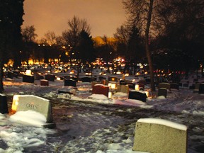 Over 5,000 ice candles illuminate the Lake of the Woods Cemetery on Christmas Eve. In addition to ice candles for the Festival of Lights, many grave sites now have solar lights and the Legion has placed perpetual candles on the graves of soldiers.